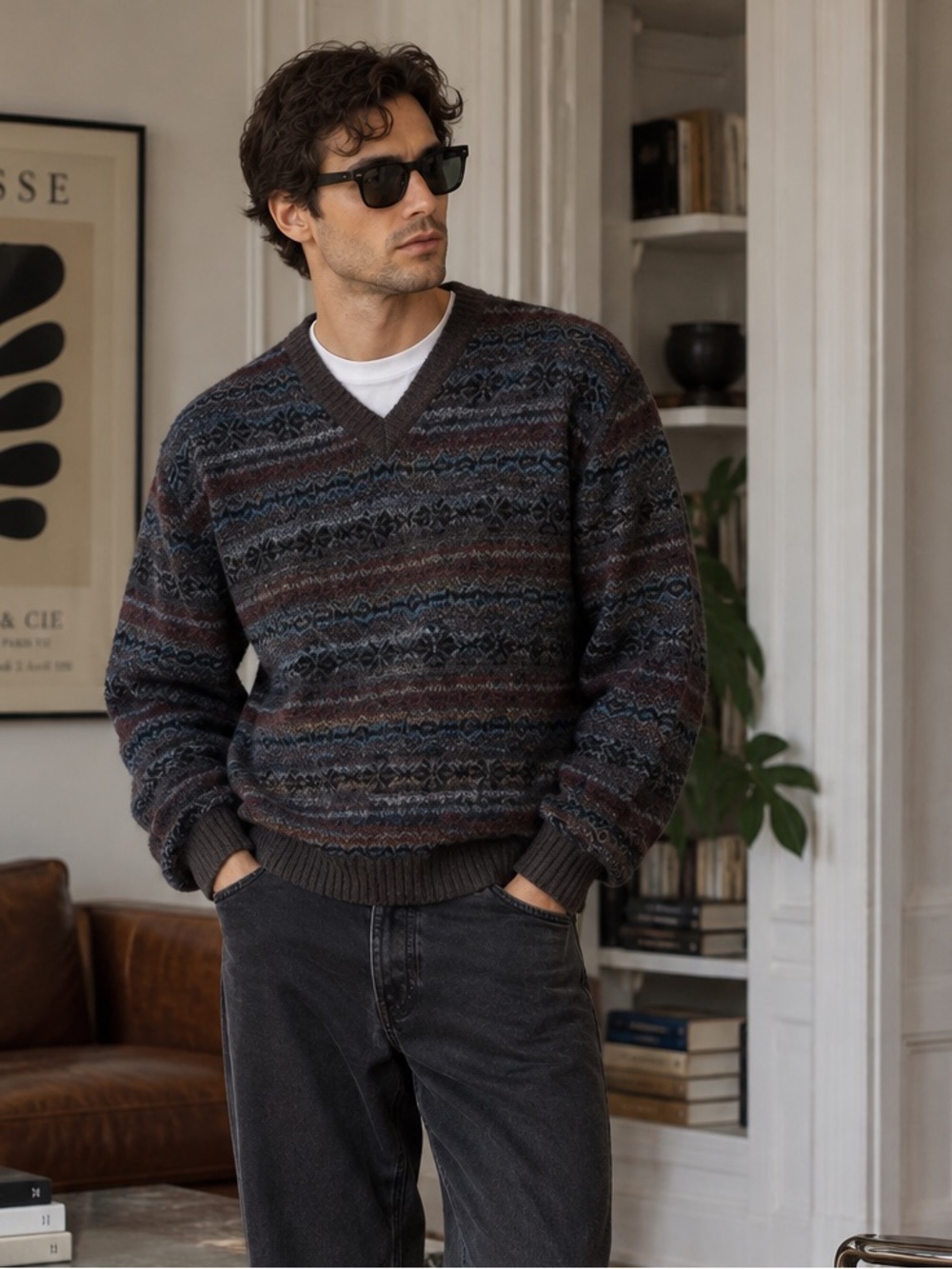 Vintage Harley of Scotland 100% wool jaquard v neck sweater